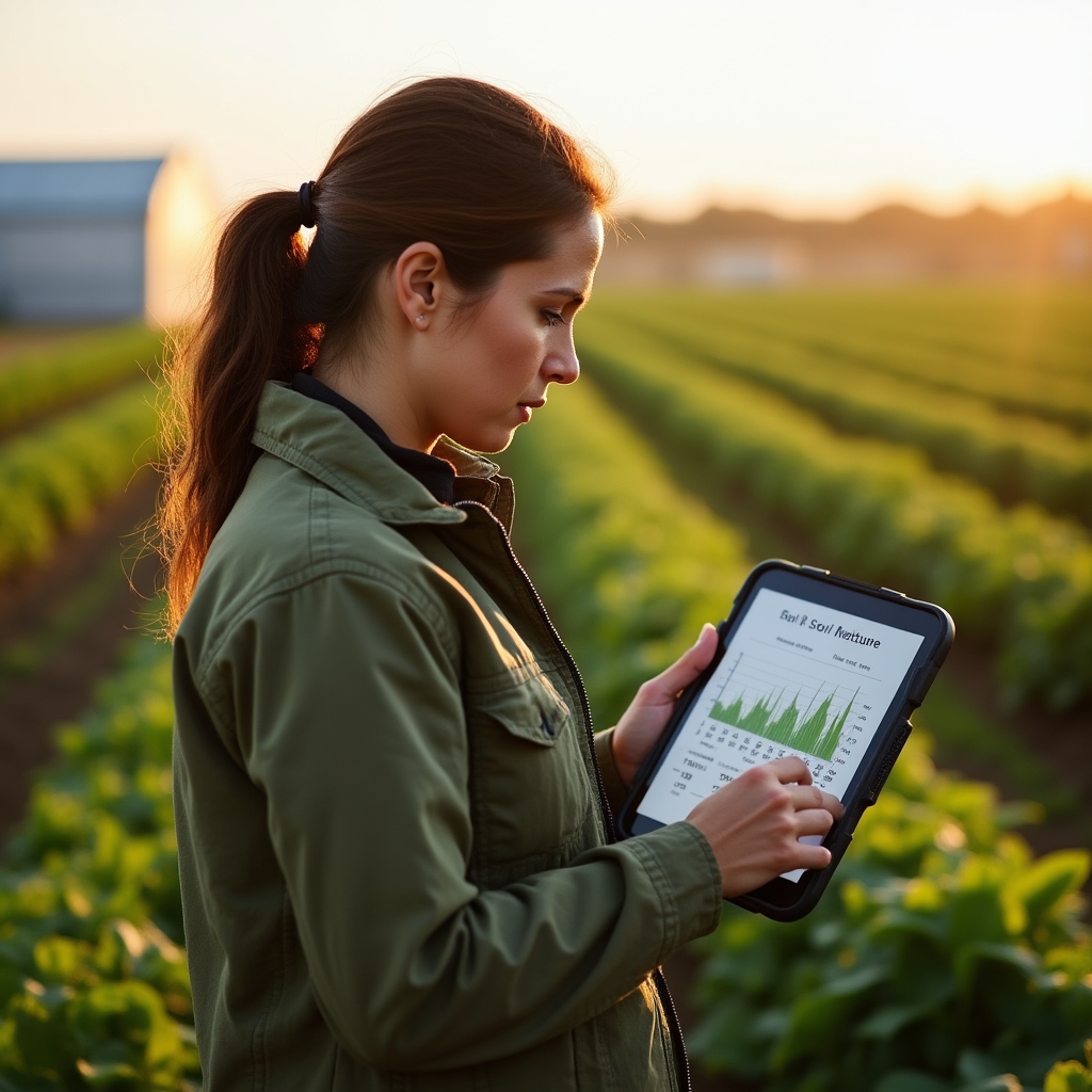 Agricultora revisando datos de humedad del suelo en una tableta dentro de su parcela